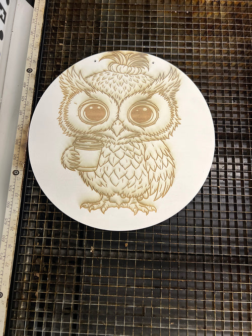 "Coffee Owl" Engraved Wood Coloring Piece