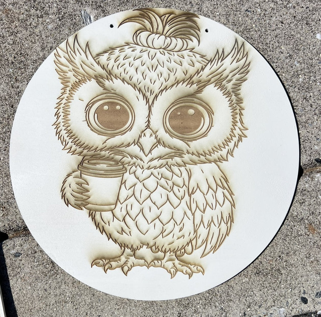 "Coffee Owl" Engraved Wood Coloring Piece